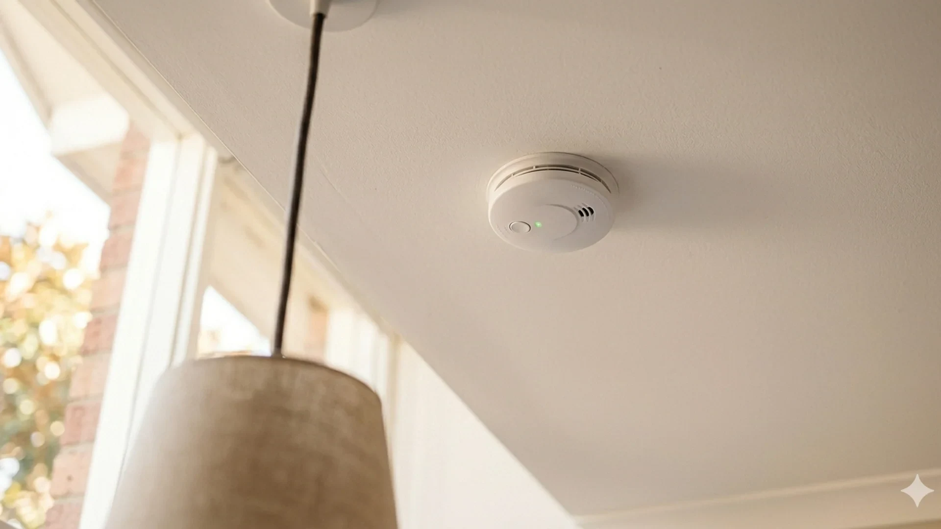 Photoelectric smoke alarm on a Sydney bedroom ceiling — 2026 NSW compliance.