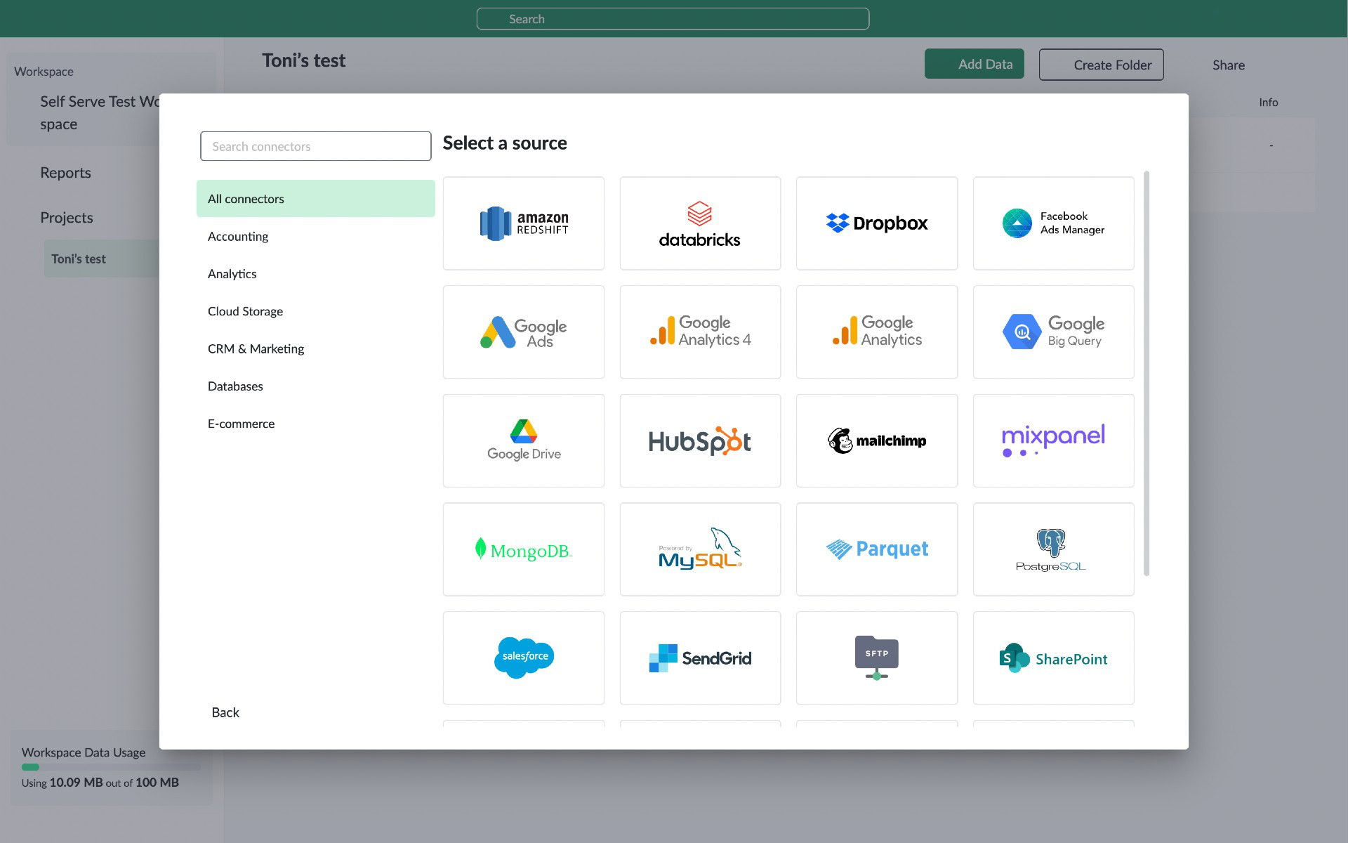 Connecting a data source in Mammoth by choosing from various options