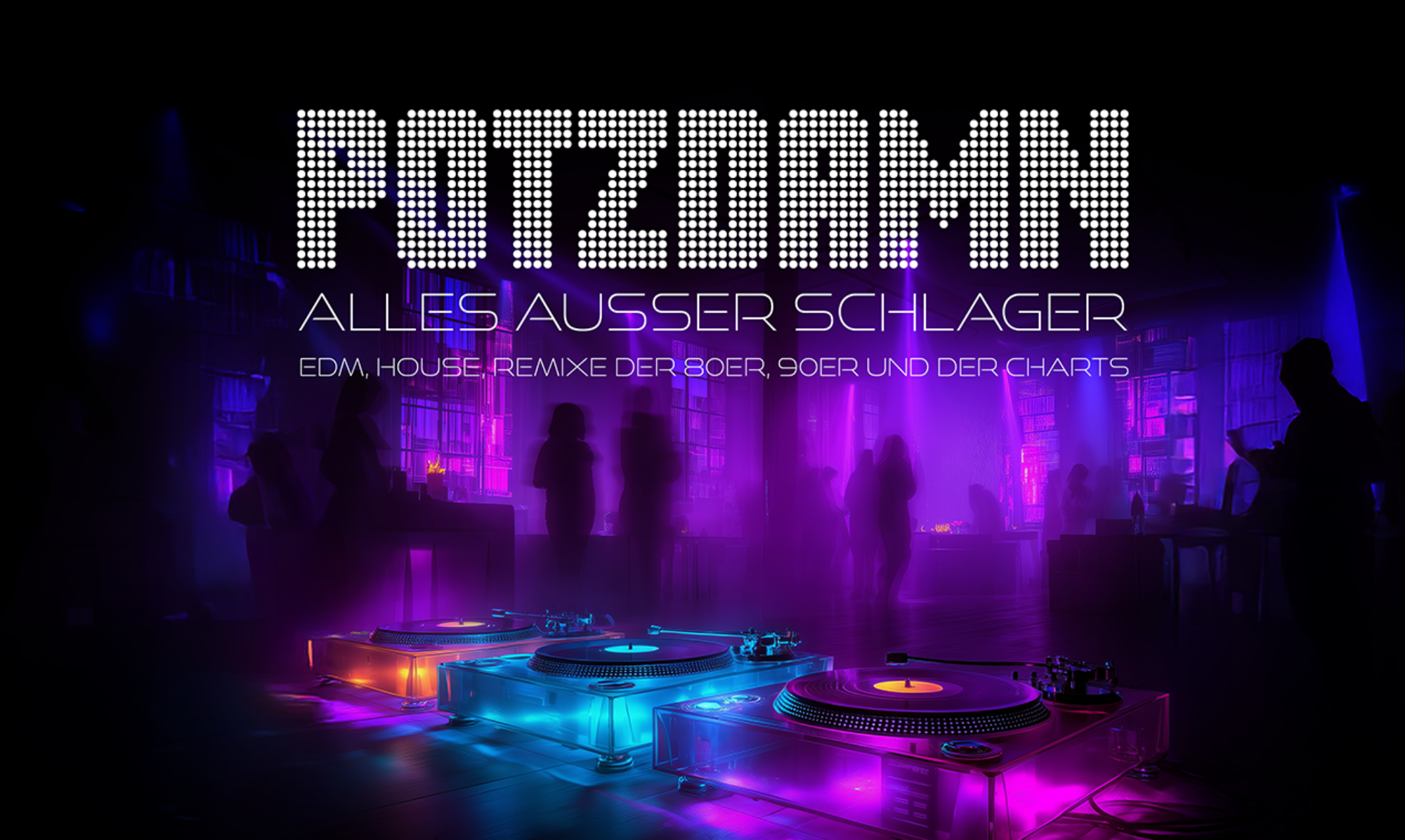 Leuchtende DJ-Plattenspieler in Neonfarben, Clubatmosphäre, elektronischer Musikästhetik und Nennung der DJs Electropapa und DJ BMP.