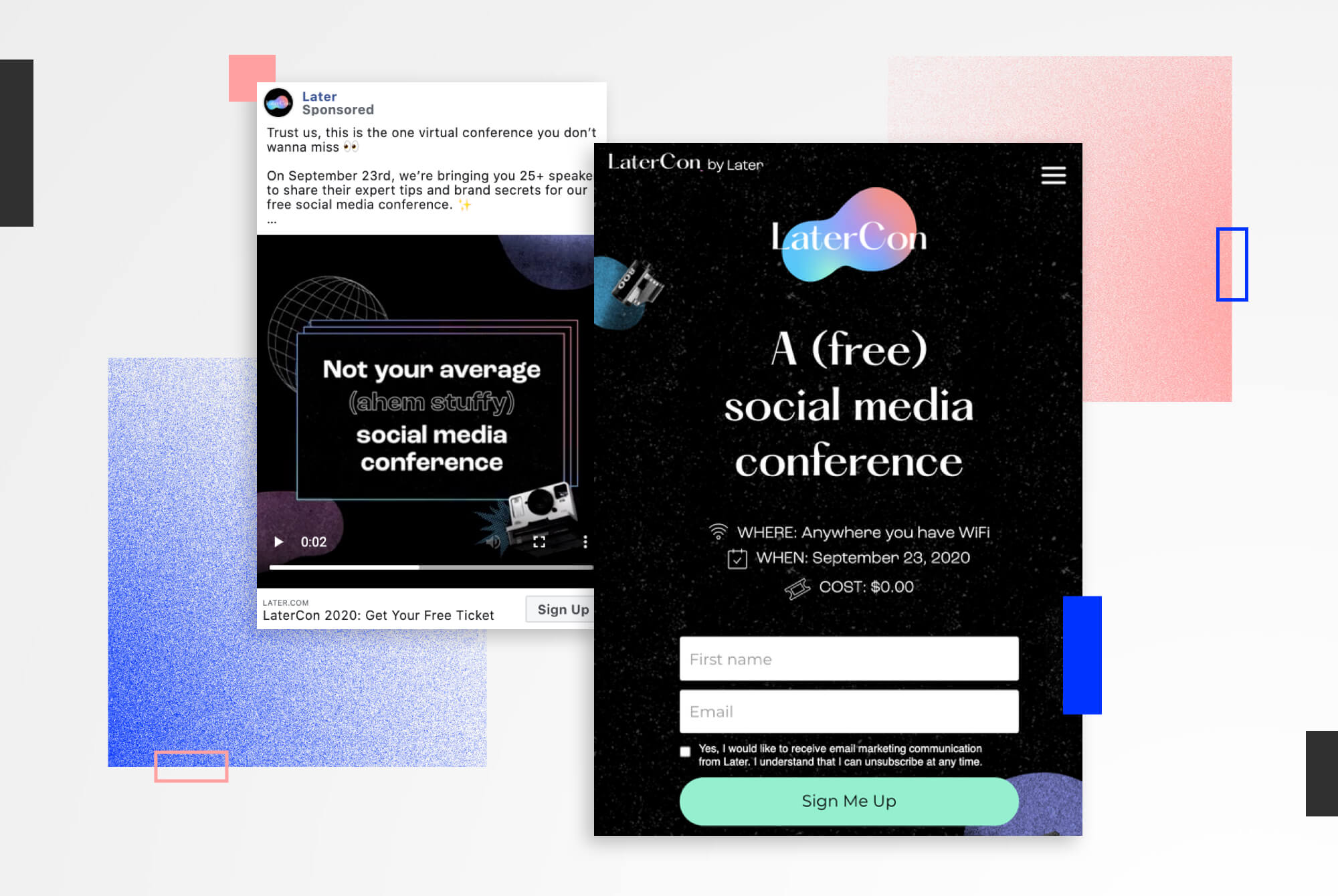 Desktop version of LaterCon Message Match example on a landing page