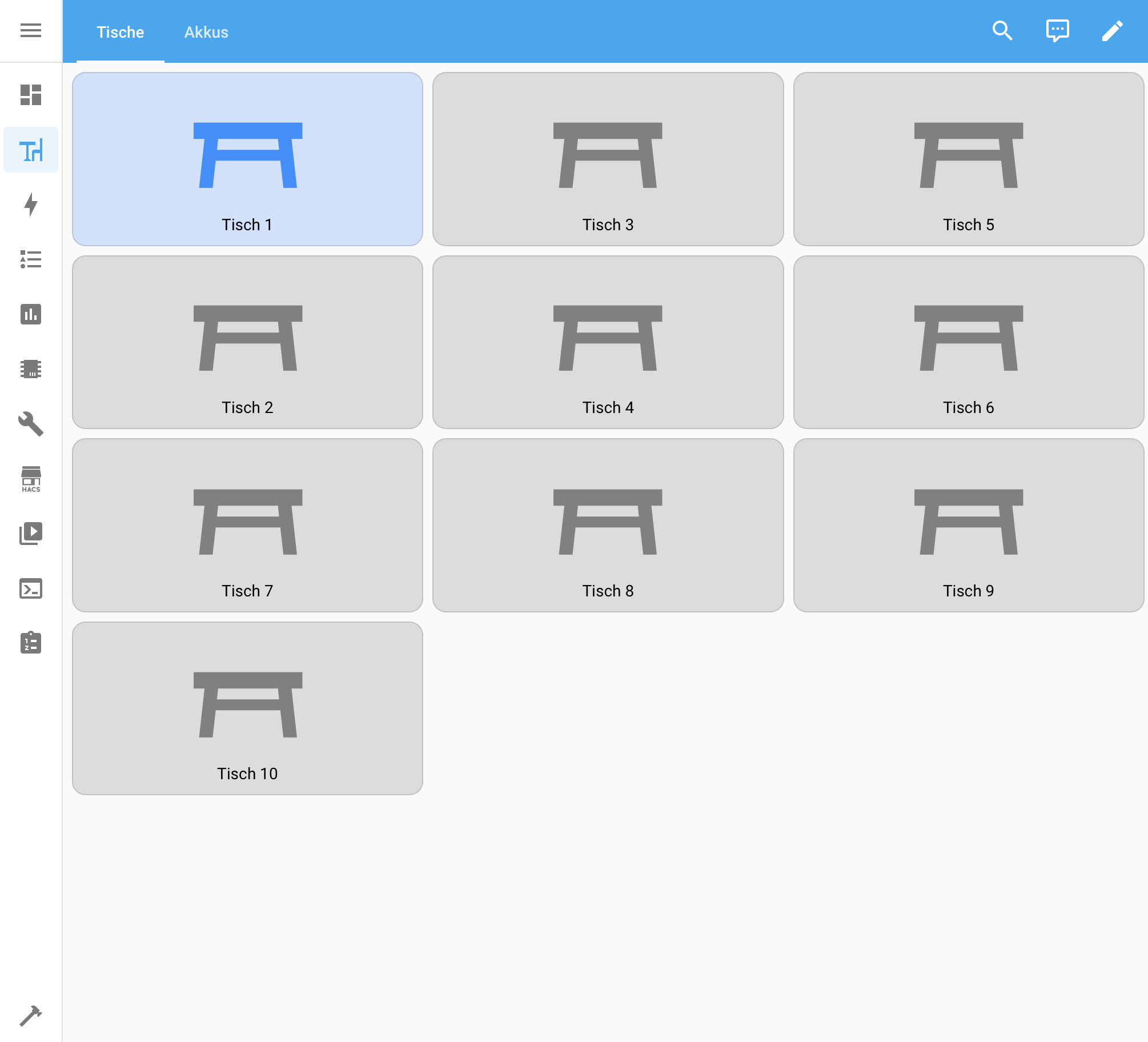 Home assistant dashboard with ten tables, table 1 actively highlighted, control interface of the service pager system.