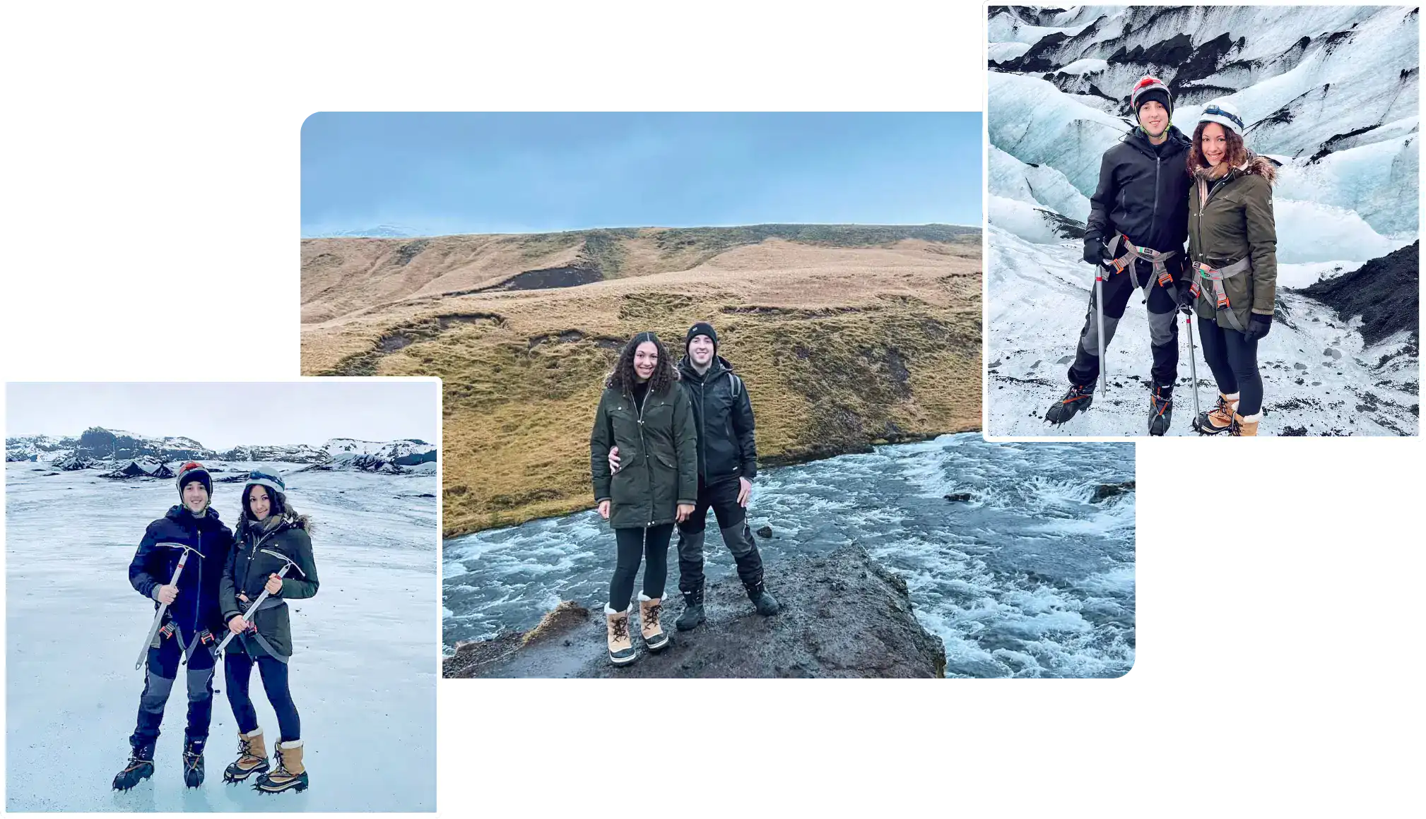 The founders of Under Northern Skies pose together during their Iceland adventures—standing side by side on a mossy cliff above a fast-flowing river, and wearing crampons and helmets on snowy glacier terrain. Each scene captures their love for nature, exploration, and winter hiking in the Icelandic wilderness.
