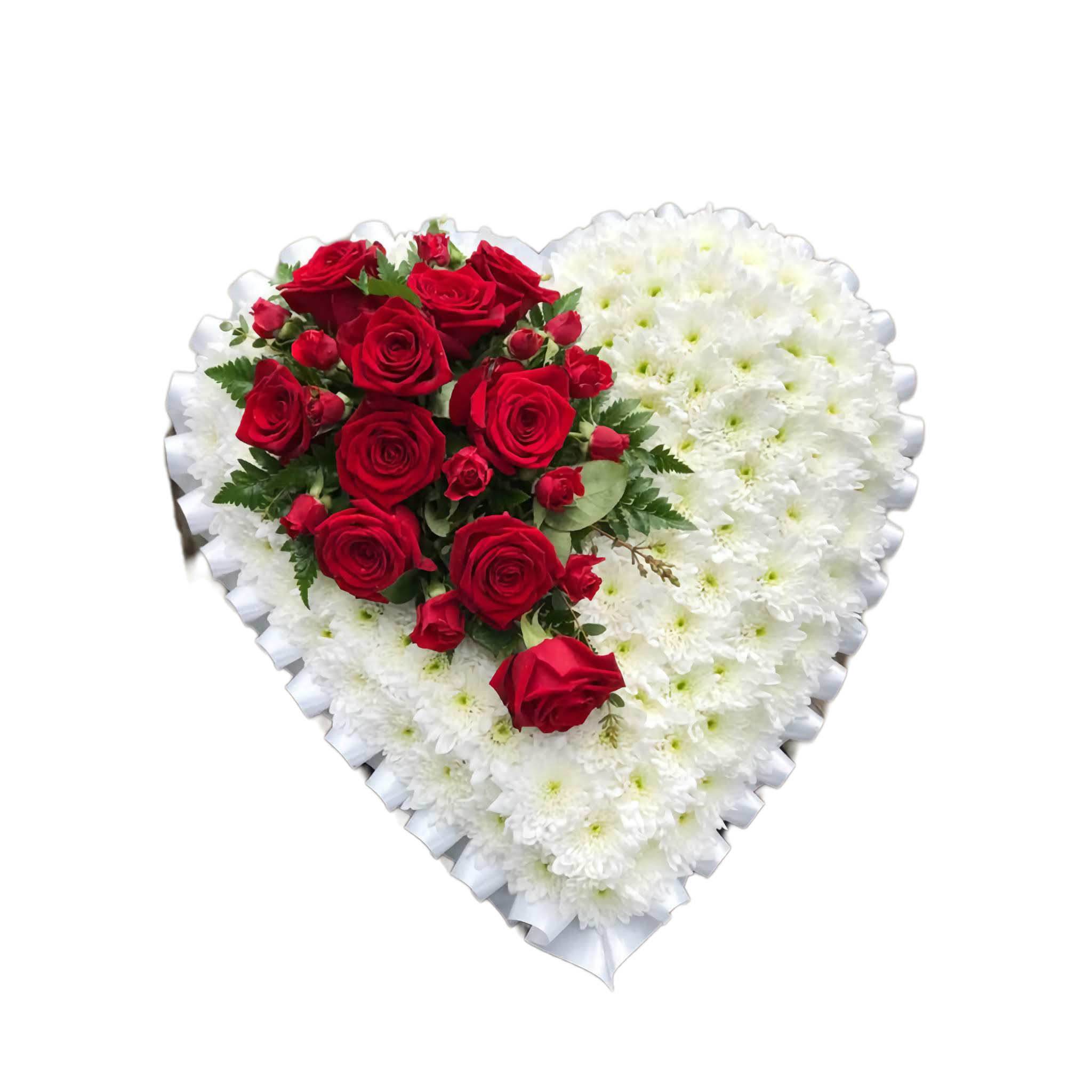 Twin-heart funeral flower arrangement with red roses and greenery by Nairobi florist – same-day delivery available