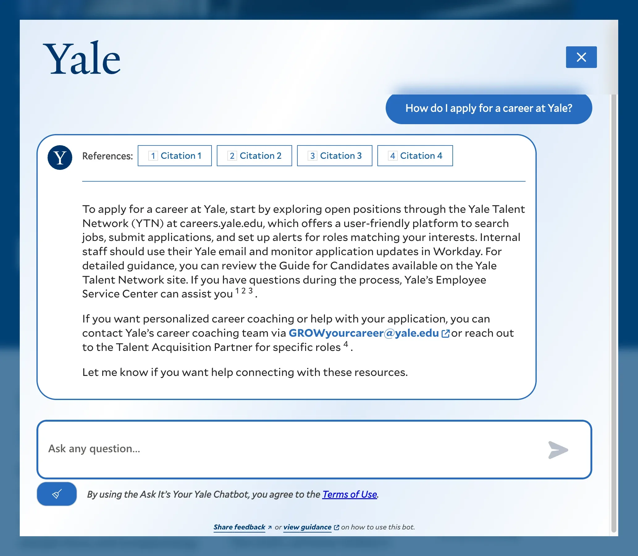 Screenshot of the It's Your Yale chatbot displaying an answer to the prompt 'How do I apply for a career at Yale?'