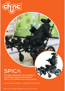 Spica paediatric postural chair brochure showing product features and short-term rental option