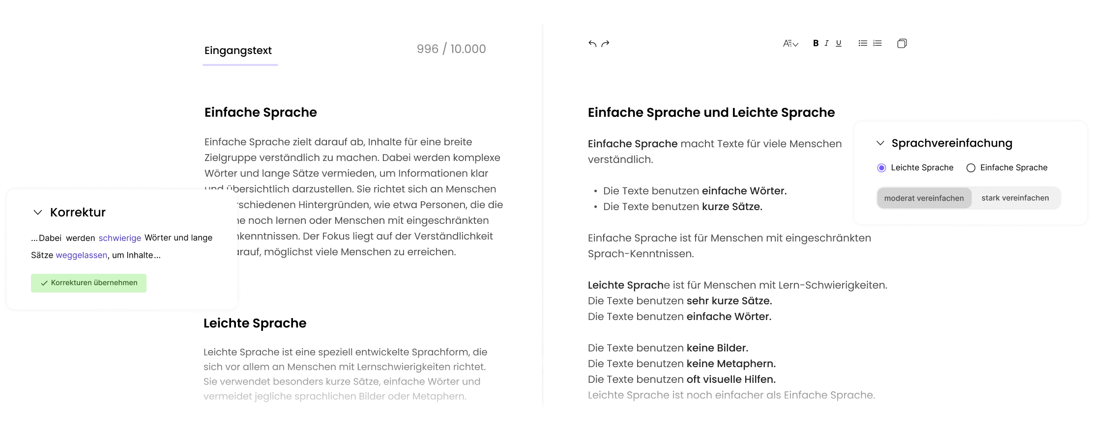 Screenshot des Fair Text Assistants Tools. Man sieht wie ein Text in Leichte Sprache übersetzt werden. Zudem sind in Kacheln weitere Funktionalitäten abgebildet. Eine Korrekturfunktion und die Möglichkeit das Sprachniveau einzustellen in Einfache oder Leichte Sprache.