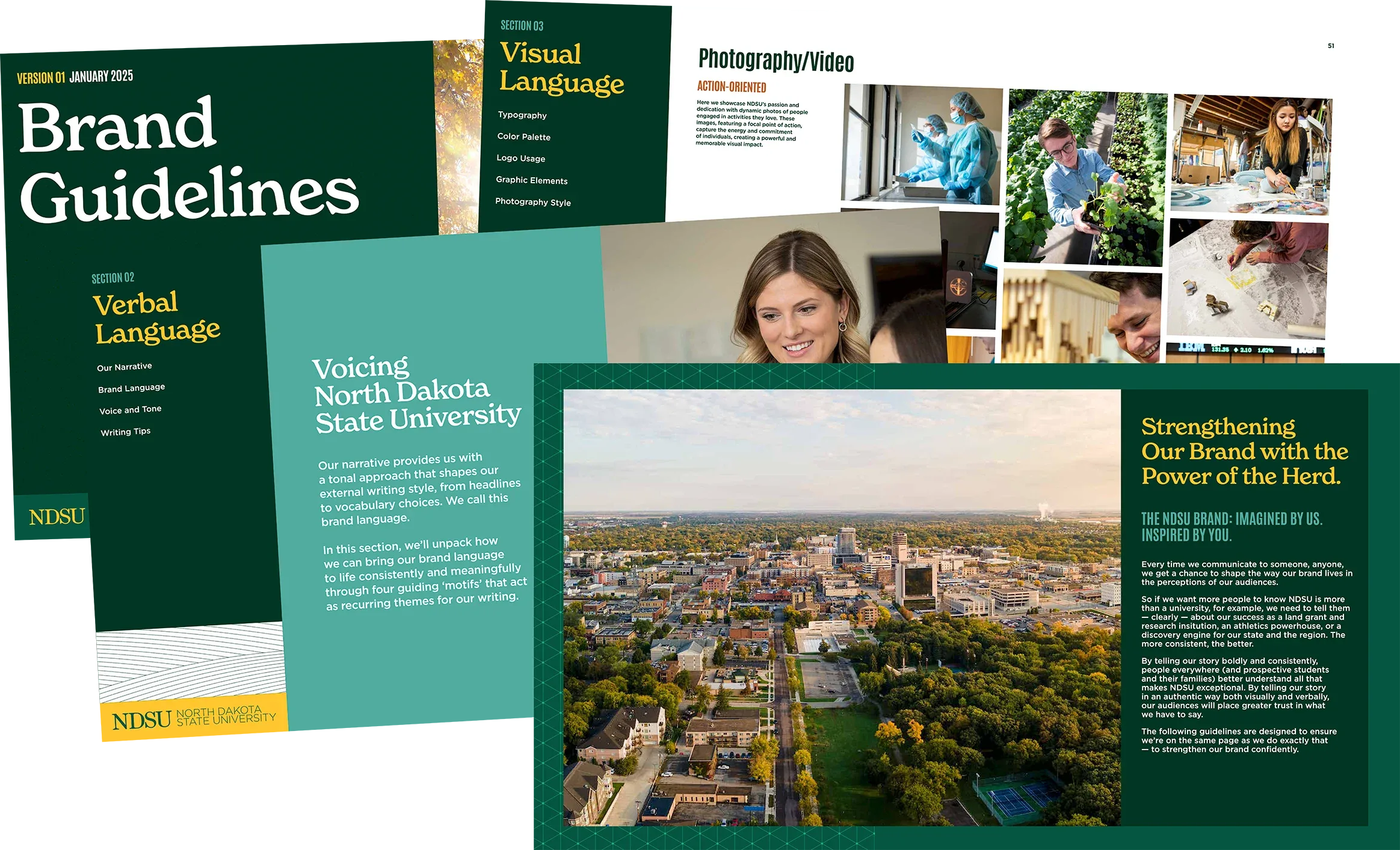 Collage of pages from NDSU's new brand guidelines. Pages include 'Voicing North Dakota State University' and 'Visual Language.'