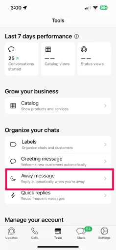 Go to away messages and then select send away message