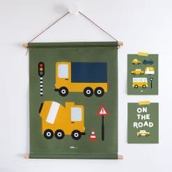 textielposter kinderkamer vrachtwagen voertuigen