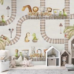 Fotobehang kinderkamer met treinen en dieren
