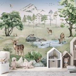 kinderkamer fotobehang Deer Forest Summer, zomers fotobehang voor kinderkamer