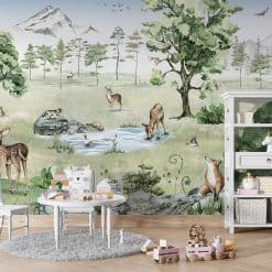 kinderkamer fotobehang Deer Forest Summer, zomers fotobehang voor kinderkamer