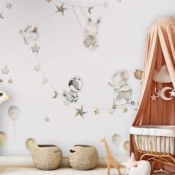 fotobehang babykamer, peuterkamer. Slapende maan mooie zachte tinten en dieren