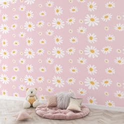 Kinderkamer behang roze met daisy's