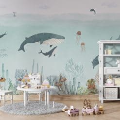 Fotobehang kinderkamer. onderwaterwereld met walvissen