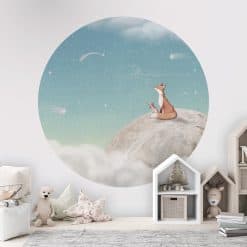 Muurcirkel met maan en vos, prachtige kleuren, waterverf achtige illustratie, kinderkamer met maan, muurcirkel