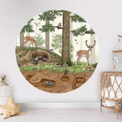 Muurcirkel groot kinderkamer, Animals in the forest, bosdieren muurcirkel, wanddecoratie rond