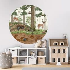 Muurcirkel groot kinderkamer, Animals in the forest, bosdieren muurcirkel, wanddecoratie rond