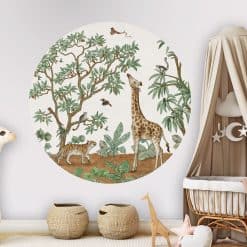 Animals in the Jungle, muurcirkel kinderkamer jungle dieren, grote ronde wanddecoratie kinderkamer