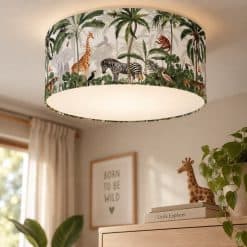 Detail van Kikki Belle Jungle Jive plafondlamp met jungle dieren en groene bladeren