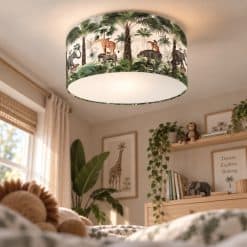 Plafondlamp kinderkamer jungle met giraffe, zebra, olifant en tropische dieren van Kikki Belle