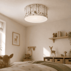 Plafondlamp Kinderkamer, White Forest, bosdieren witte achtergrond, Bosdieren in het wit, babykamer verlichting