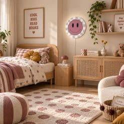 Meisjeskamer, retro vibes, verlichting rond, meidenkamer met wandlamp smiley