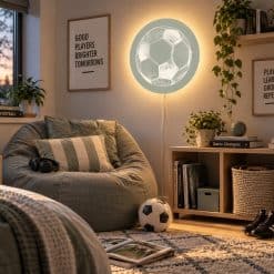 Jongenskamer met ronde verlichting, voetbal print, stoere voetbal kamer, liefhebbers voetbal, jongenskamer ronde wandverlichting
