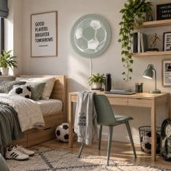 Jongenskamer met ronde verlichting, voetbal print, stoere voetbal kamer, liefhebbers voetbal, jongenskamer ronde wandverlichting
