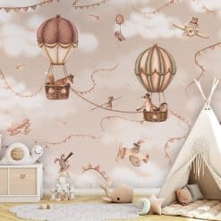 Fotobehang kinderkamer met luchtballonnen en dieren zoals vos, konijn en wasbeer in de lucht