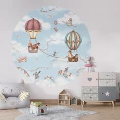 Muurcirkel kinderkamer met luchtballonnen en dieren zoals vos, konijn en wasbeer