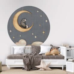 Bear on the Moon muurcirkel met beer en konijn voor babykamer