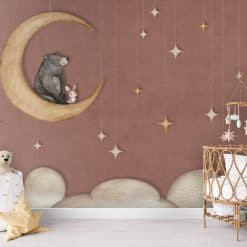 Fotobehang kinderkamer met beer en konijn op maan tussen sterren en wolken