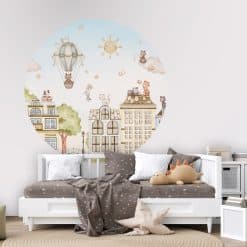Kinderkamer muurcirkel met katten en grachtenhuizen illustratie