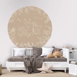 Muurcirkel met hertjes en bloemen lijntekening voor kinderkamer