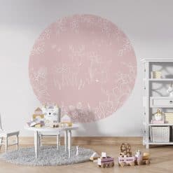 Kinderkamer muurcirkel met herten en bloemen in doodle stijl