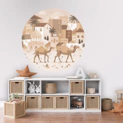 Muurcirkel met kamelen en woestijnstad illustratie voor kinderkamer