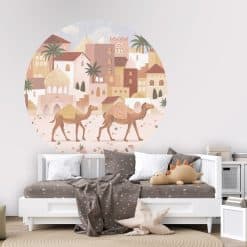 Muurcirkel met kamelen en woestijnstad illustratie voor kinderkamer