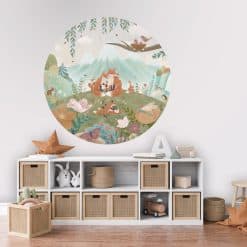 Kinderkamer muurcirkel met vossen, bloemen en bergen illustratieFox Family