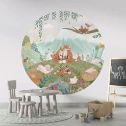 Muurcirkel met vossenfamilie in berglandschap voor kinderkamer