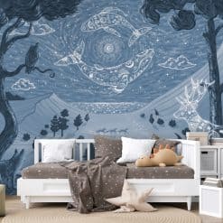 Magisch dierenbehang met bergen en sterrenhemel