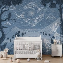 Fotobehang met fantasie landschap en dieren illustratie