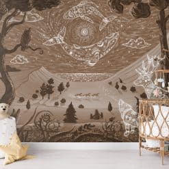 Magisch dierenbehang met bergen en sterrenhemel