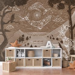 Fotobehang met fantasie landschap en dieren illustratie