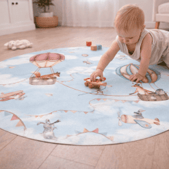 Vinyl vloermat rond, Aviation Adventure, fijn spelen op de mat, blauw