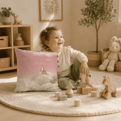 Meisje met groot sierkussen, sierkussen XL, Fox on the Moon Pink