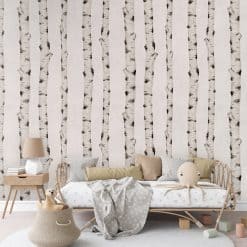 Kinderkamer muur met birch trees behang, fotobehang berkenbomen, uniek fotobehang