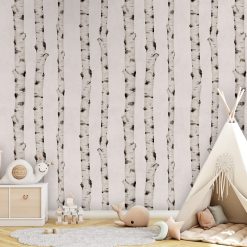 Kinderkamer muur met birch trees behang, fotobehang berkenbomen, uniek fotobehang