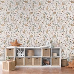 Dierenbehang babykamer Country Rabbits met konijnen bloemen en vlinders