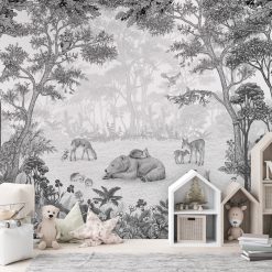 Kinderkamer behang Sleepy Bear, zwart wit, bosdieren behang, behang kinderkamer bosdieren